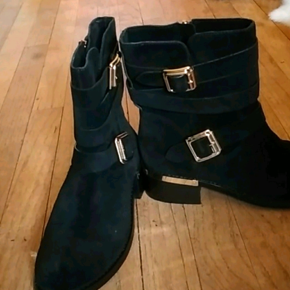 Vince Camuto black suede boots with gold accents